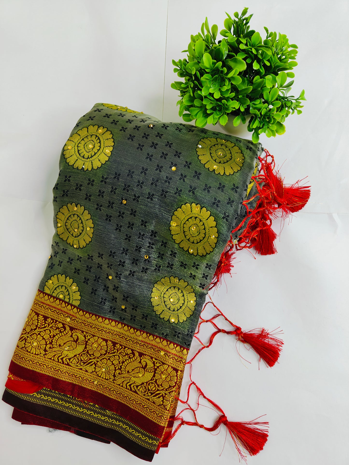 Dark Grey Kanjivaram Silk Banarasi Saree With Allover Boota And Swarovski Stone Work