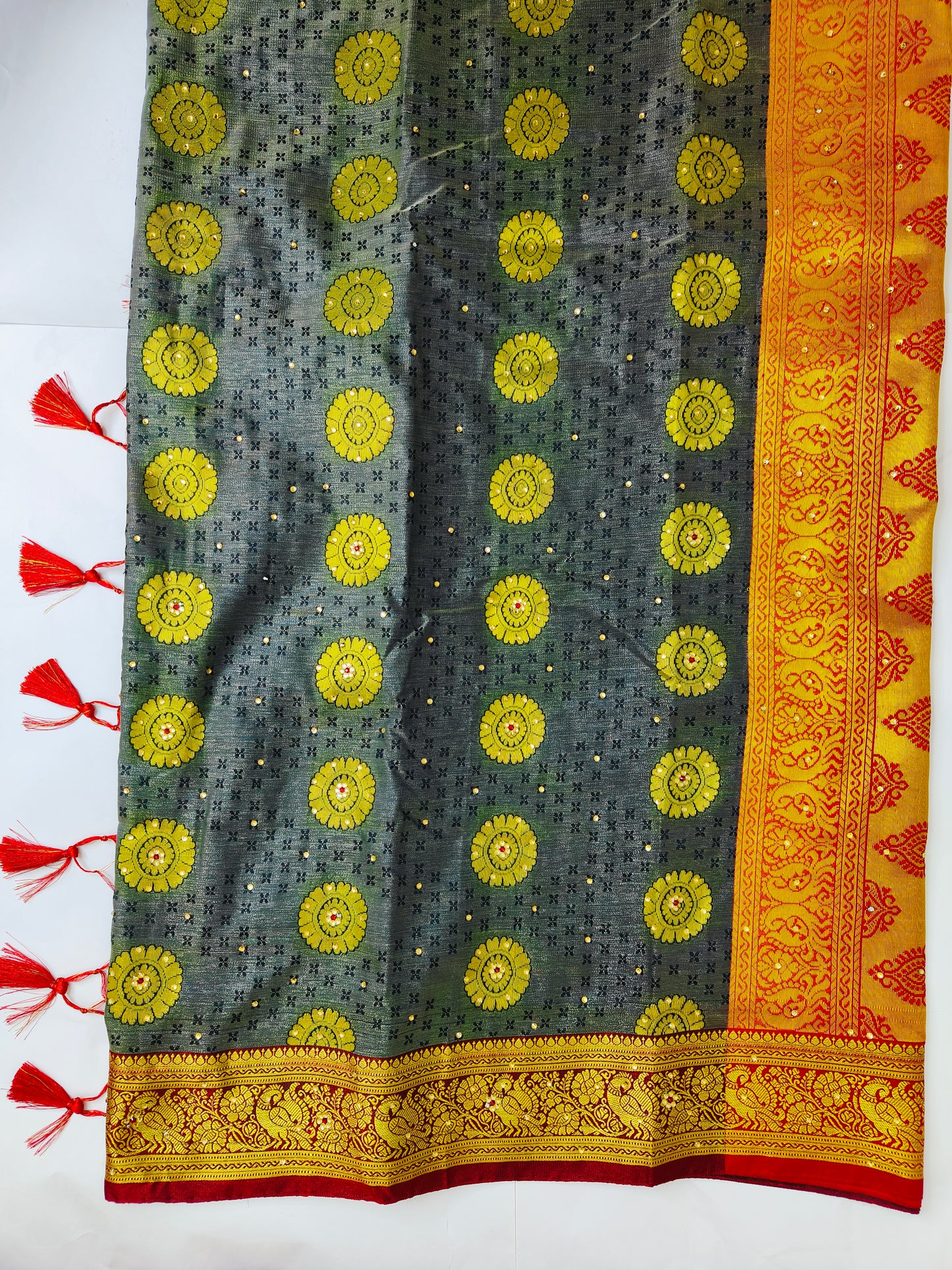 Dark Grey Kanjivaram Silk Banarasi Saree With Allover Boota And Swarovski Stone Work