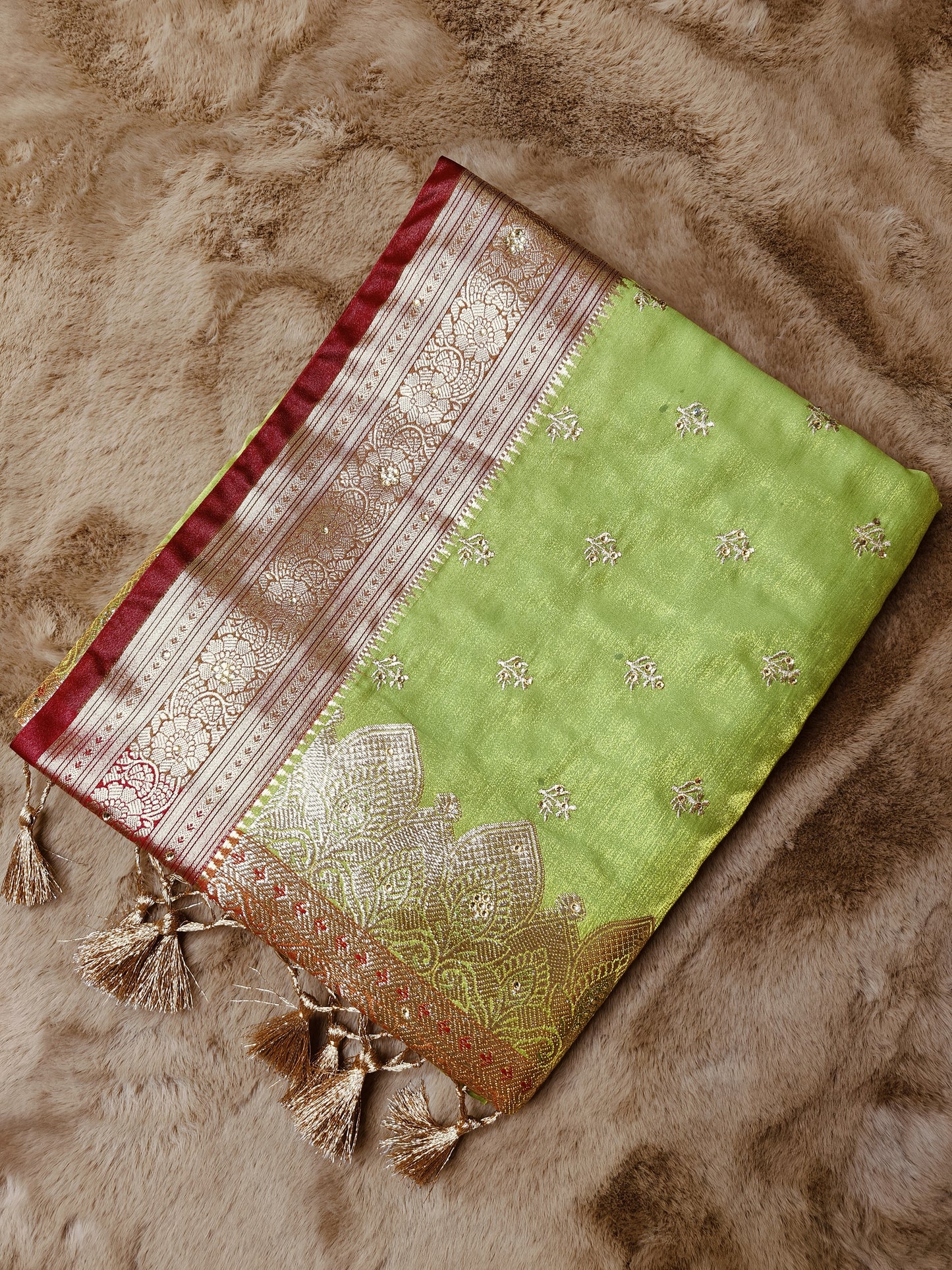 Varsha-Tan Green Colour Satin Silk Gauti Zari Embroidery Banarasi Saree
