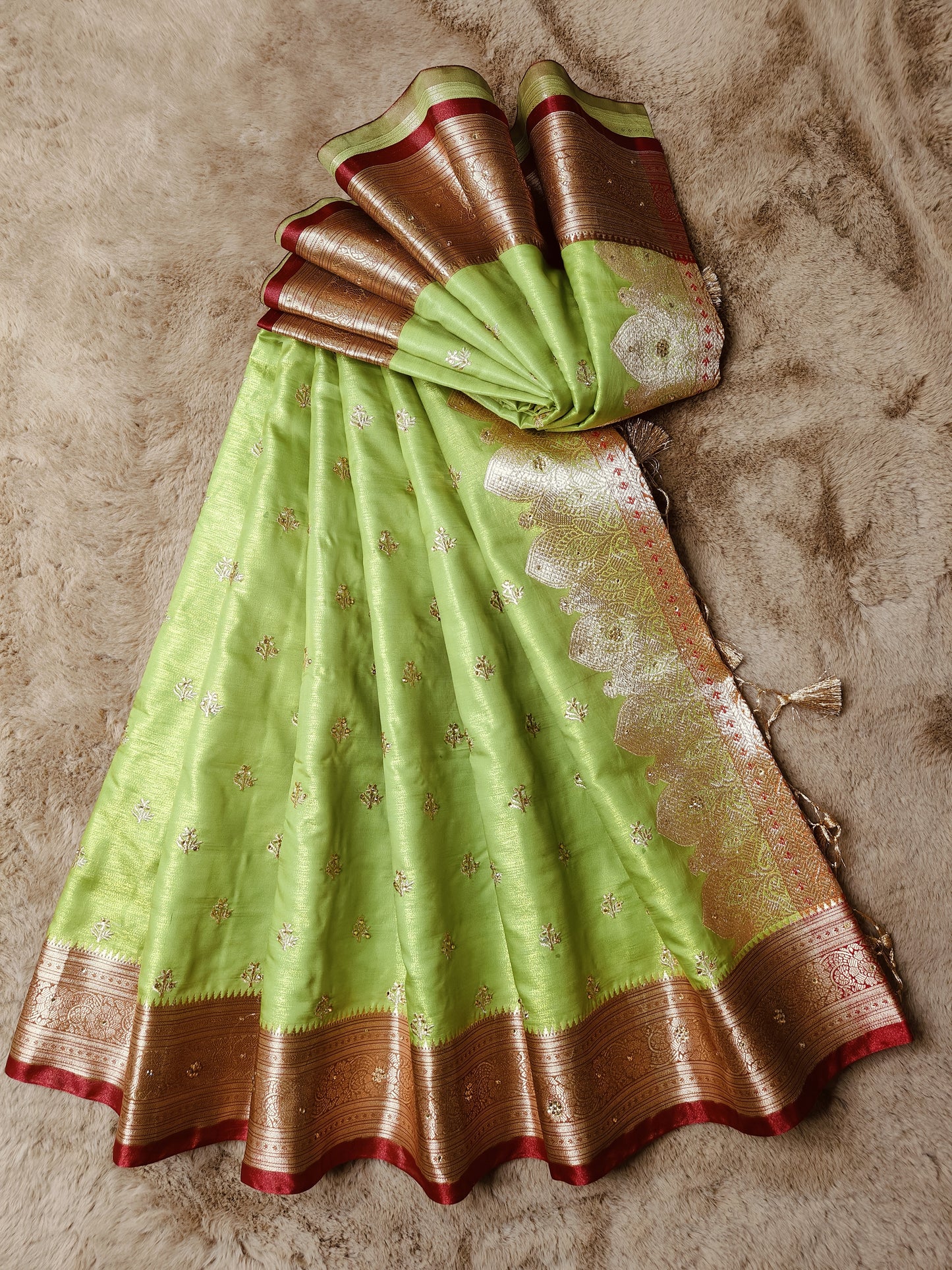 Varsha-Tan Green Colour Satin Silk Gauti Zari Embroidery Banarasi Saree