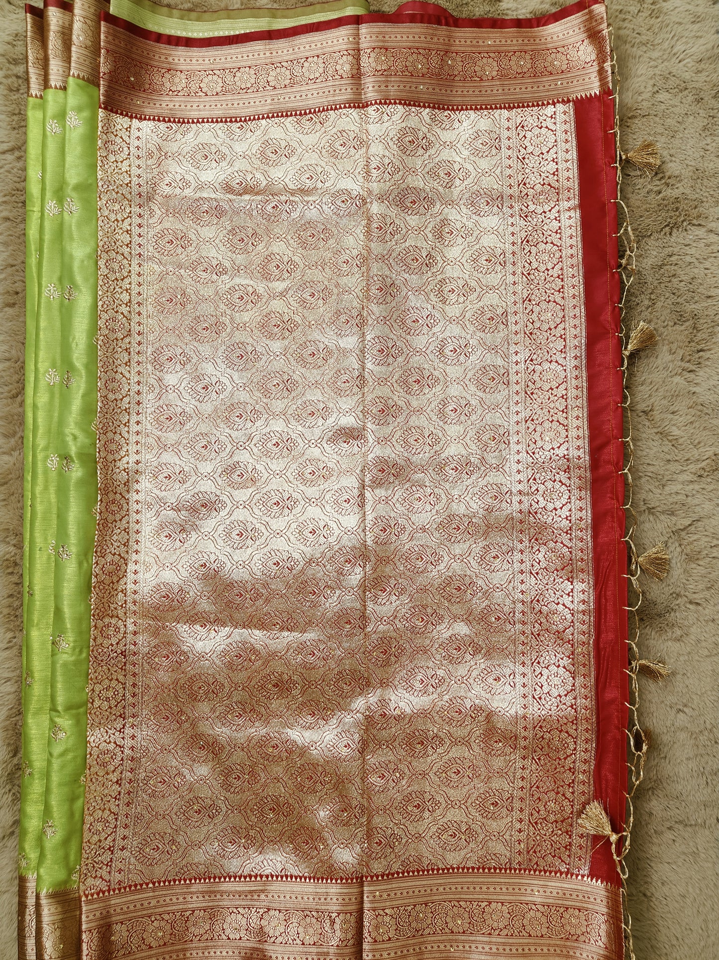 Varsha-Tan Green Colour Satin Silk Gauti Zari Embroidery Banarasi Saree