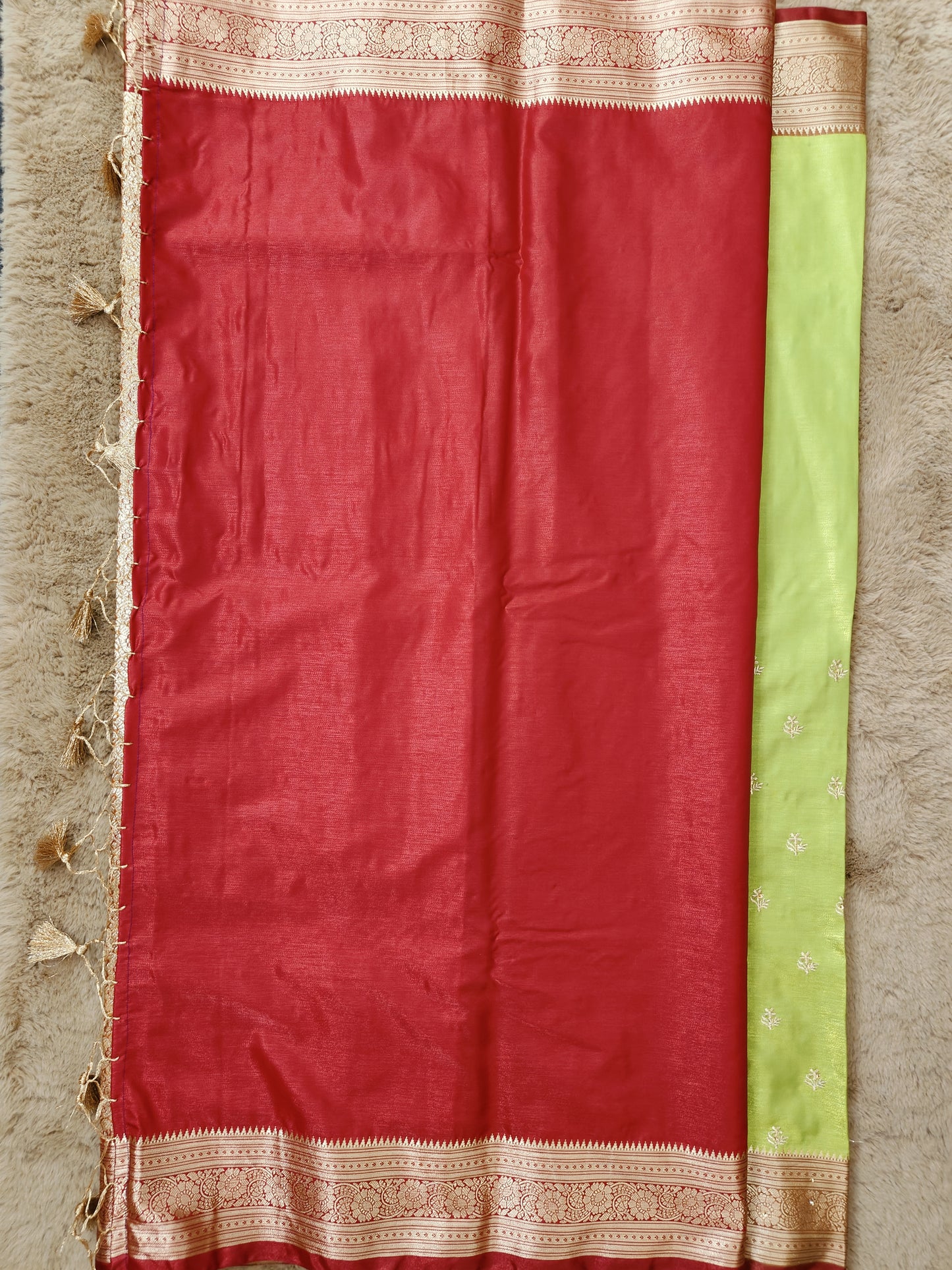Varsha-Tan Green Colour Satin Silk Gauti Zari Embroidery Banarasi Saree