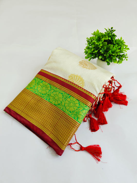 White Soft Silk Copper Zari Woven Allover Boota Jhalar Banarasi Saree