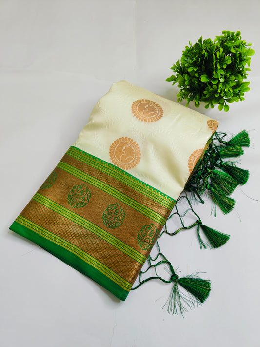 White Soft Silk Copper Zari Woven Allover Boota Jhalar Banarasi Saree With Green Aanchal