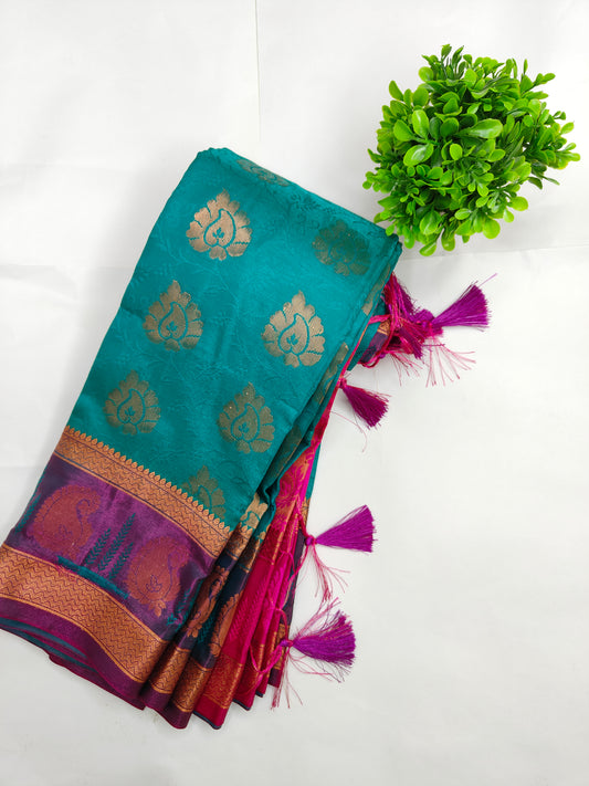 Bantex Jade Green Satin Silk Banarasi Saree