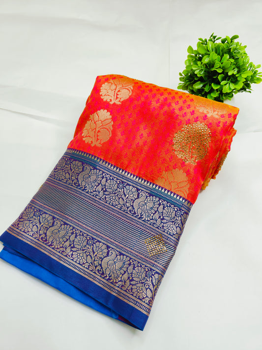 Red Kanjivaram Silk Banarasi Saree With Mayuri and Swarovski Stone Work