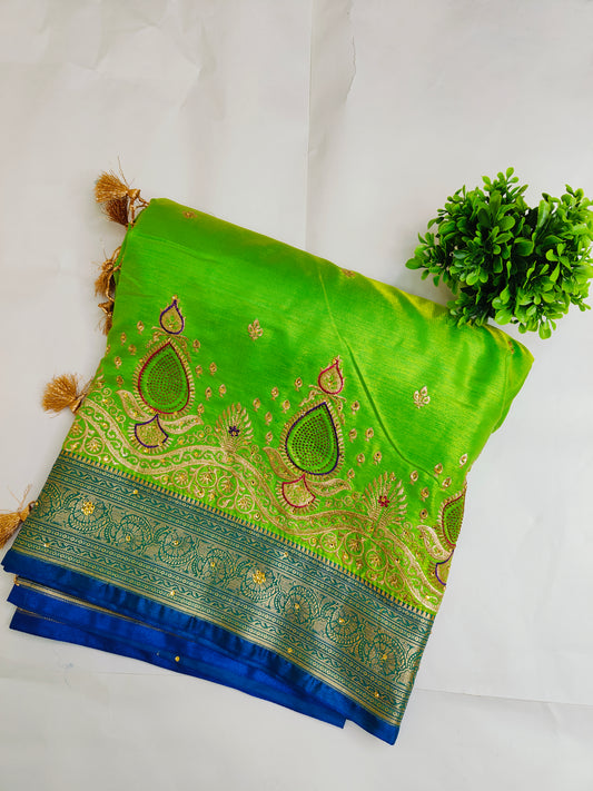 Lime Green Satin Silk Party Wear Swarovski Stone Work Banarasi Saree