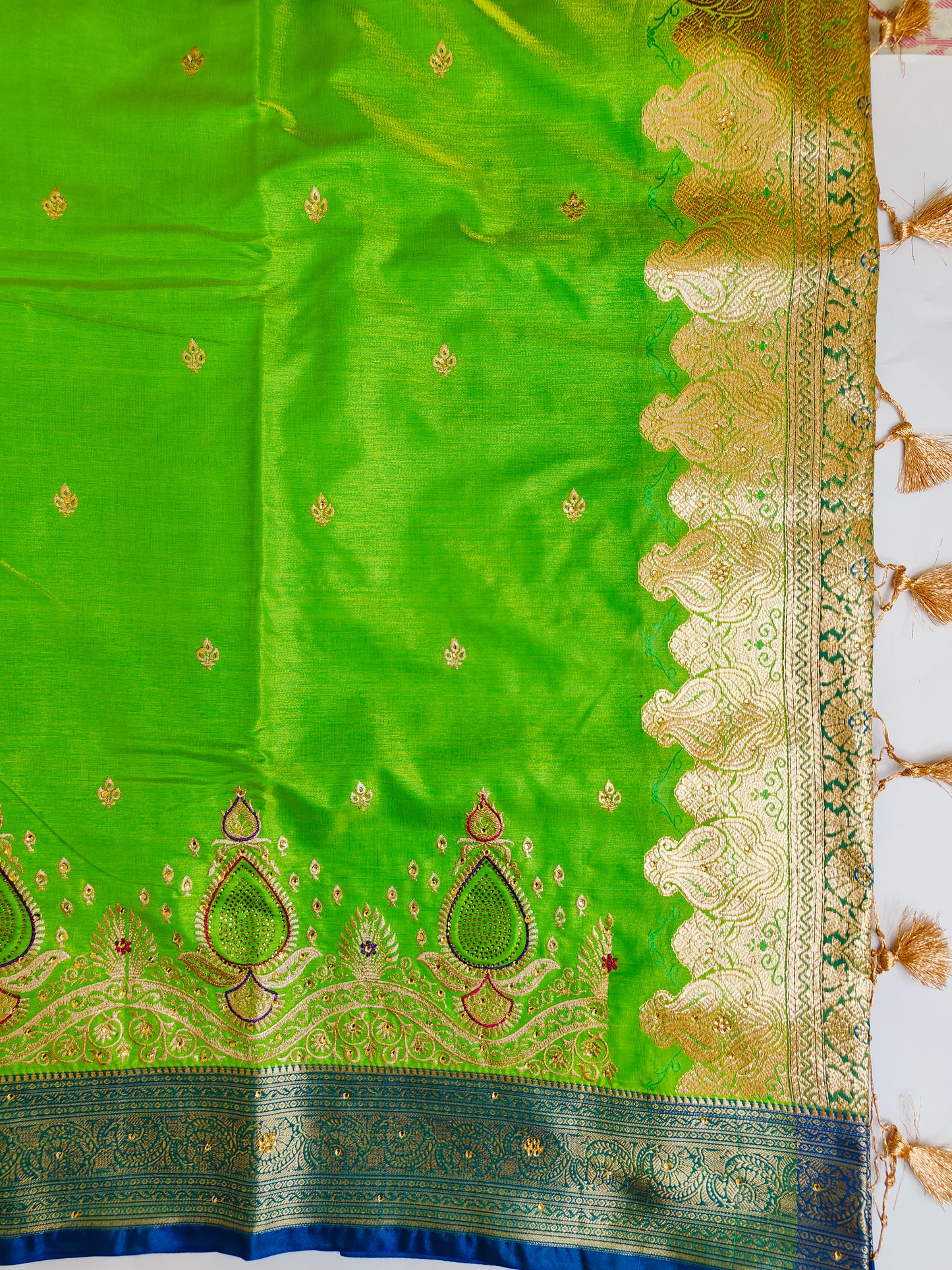 Lime Green Satin Silk Swarovski Stone Work Banarasi Saree