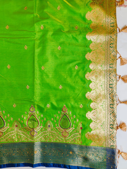 Lime Green Satin Silk Swarovski Stone Work Banarasi Saree