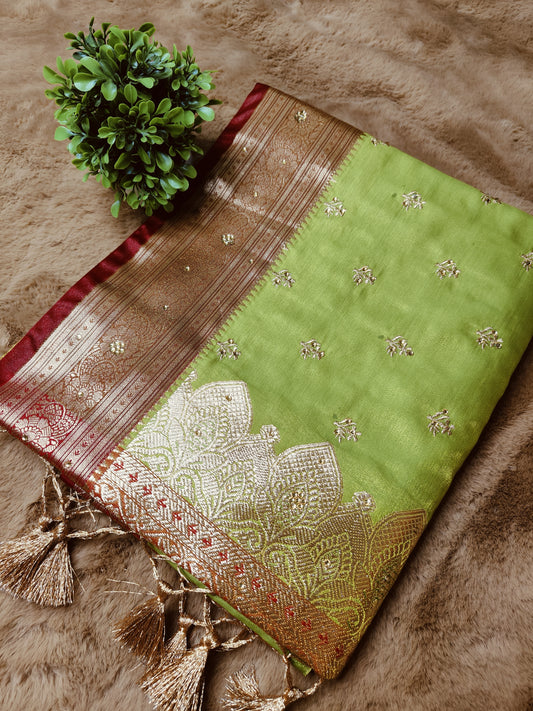 Varsha-Tan Green Colour Satin Silk Gauti Zari Embroidery Banarasi Saree