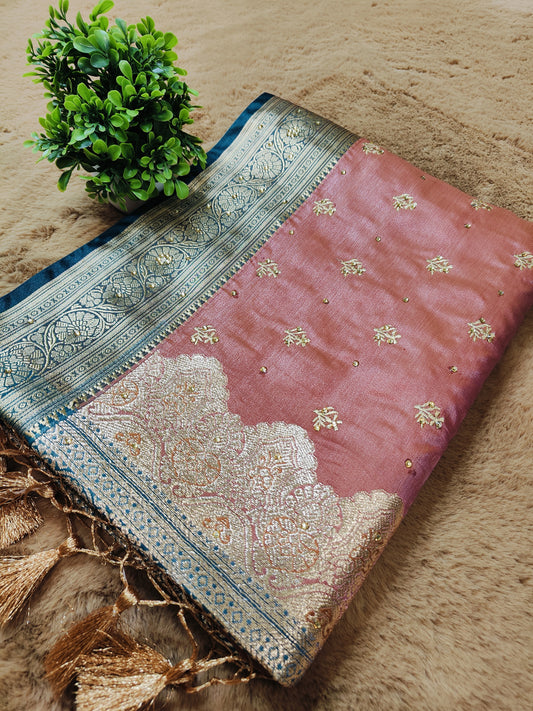 Varsha-Blossom Pink Colour Satin Silk Gauti Zari Embroidery Banarasi Saree