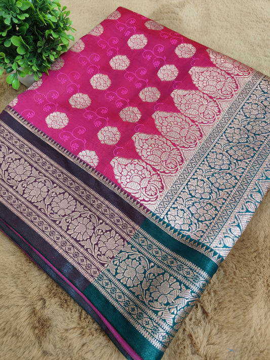 Mastani Raspberry Pink Colour Katan Silk Almond Zari Banarasi Saree