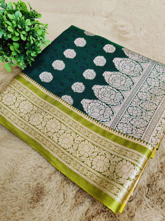 Mastani Dark Green Colour Katan Silk Almond Zari Banarasi Saree