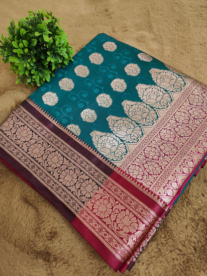 Mastani Deep Teal Colour Katan Silk Almond Zari Banarasi Saree