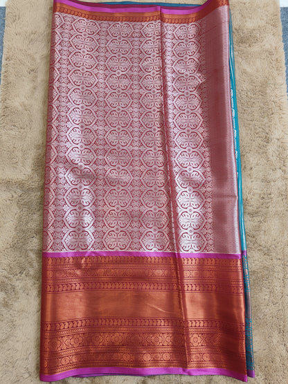Kalanjali Ambose-Aqua Blue Colour Chiniya Silk Banarasi Saree Pallu