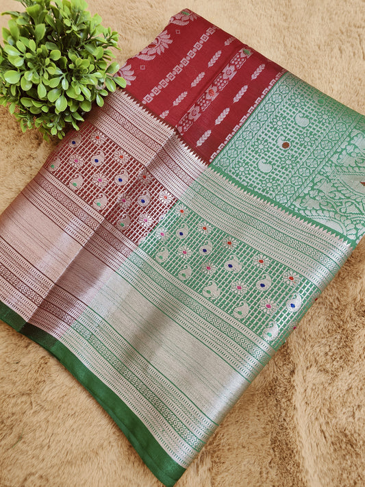 Kalanjali Meena-Burgundy Red Colour Chiniya Silk Banarasi Saree