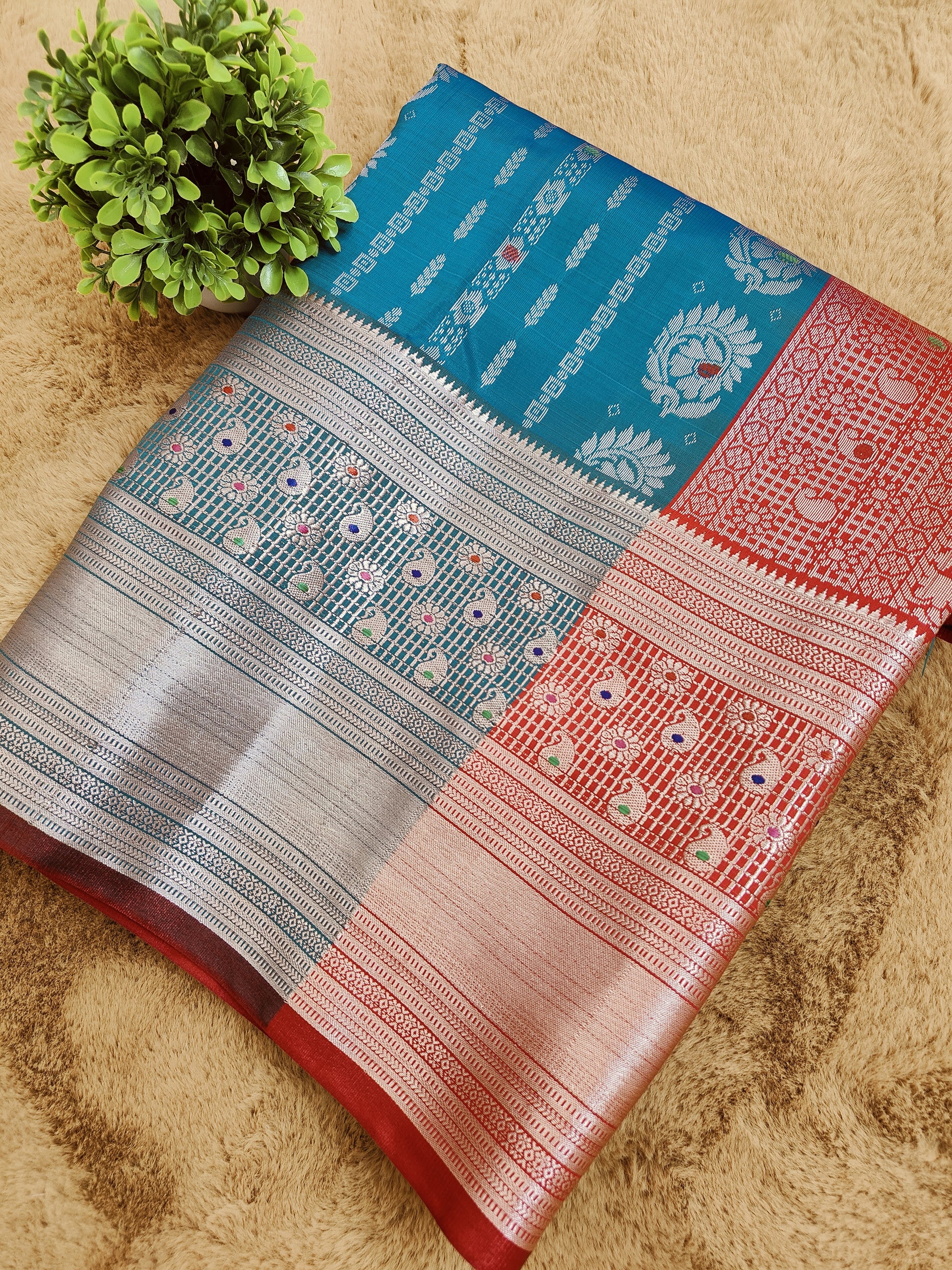 Kalanjali Meena-Peacock Blue Colour Chiniya Silk Banarasi Saree 1
