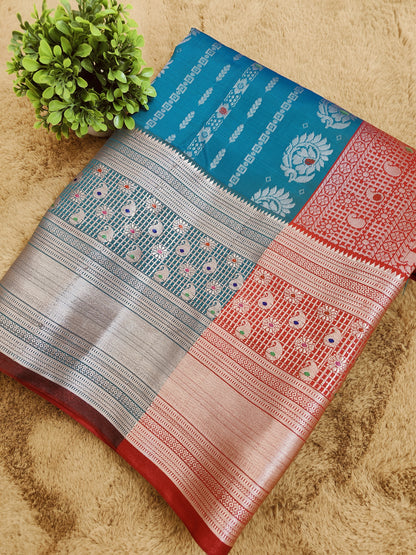 Kalanjali Meena-Peacock Blue Colour Chiniya Silk Banarasi Saree 1