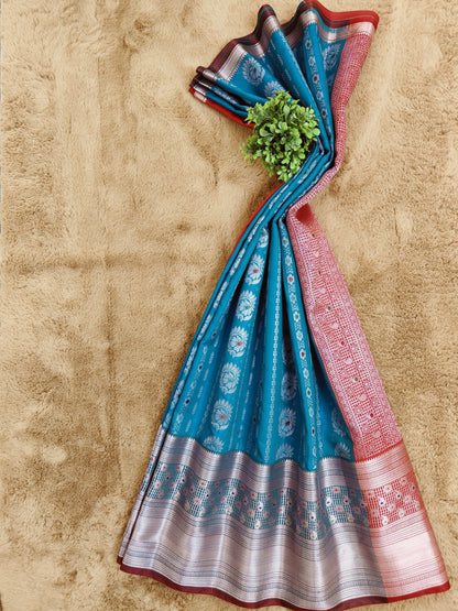 Kalanjali Meena-Peacock Blue Colour Chiniya Silk Banarasi Saree 2