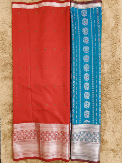 Kalanjali Meena-Peacock Blue Colour Chiniya Silk Banarasi Saree Blouse